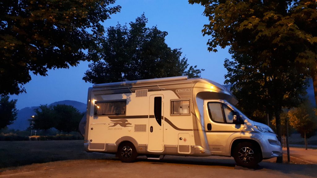 Motorhome parking in the park at Ornans