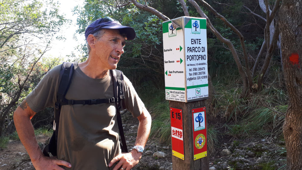 Exhausted on the Parco di portofino walk from San rocco to an Fruttuosa