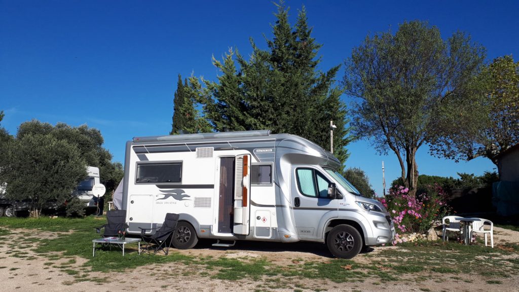 Buzz Laika parked among the cosmos in campsite just outside Aix en Provence