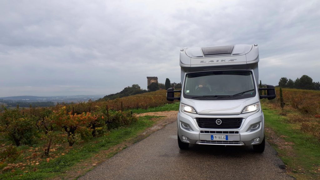 Motorhome on road leading to Chateauneuf-du-Pape