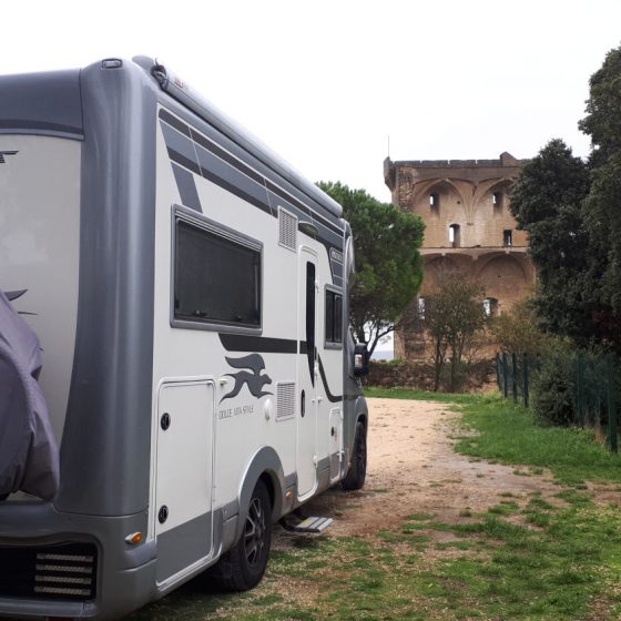 Motorhome parked outside the Chateauneuf du Pape