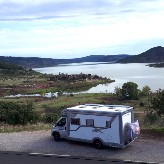Buzz Laika the motorhome parked overlooking Lac du Salagou, Celles