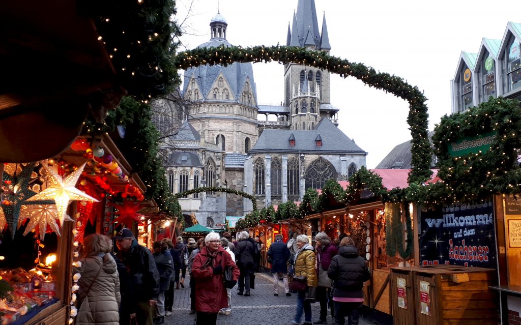 Aachen Christmas market with the 1,200 year old cathedral in background