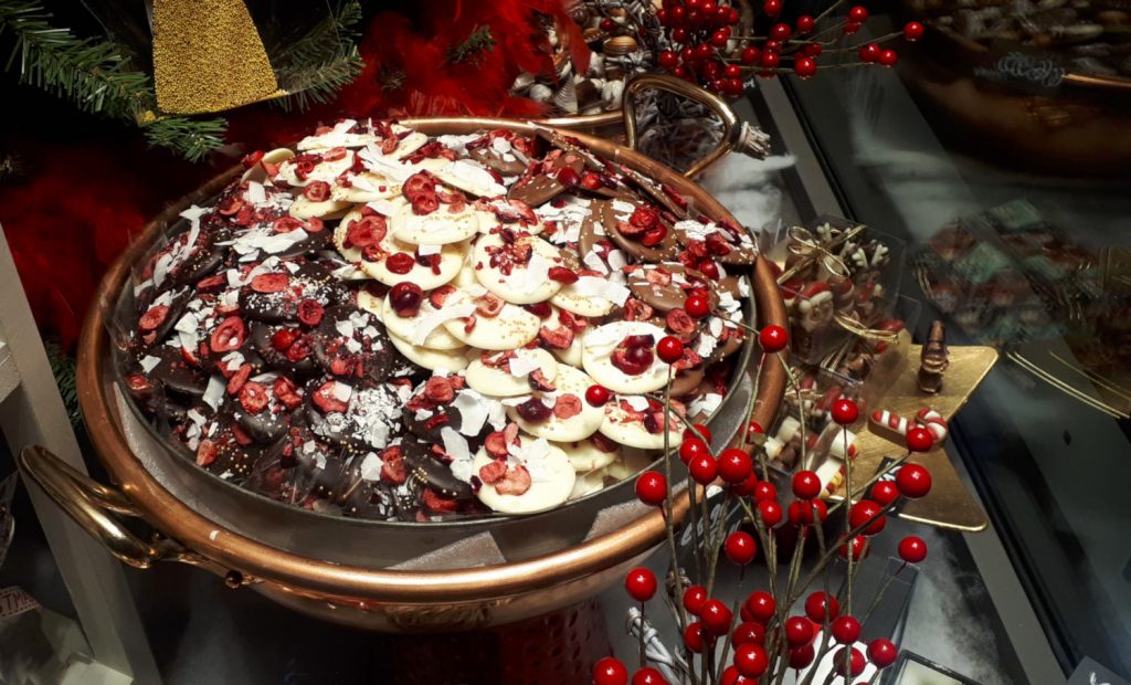 Christmas chocolates in a Bruges shop window