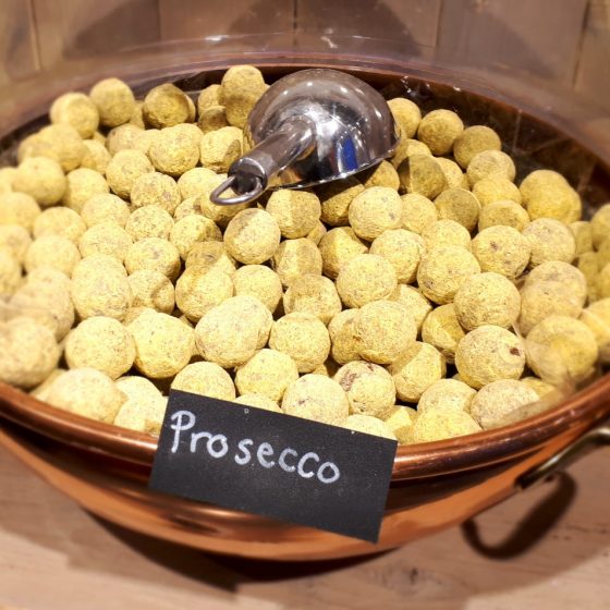 Prosecco truffles in a Bruges chocolate shop