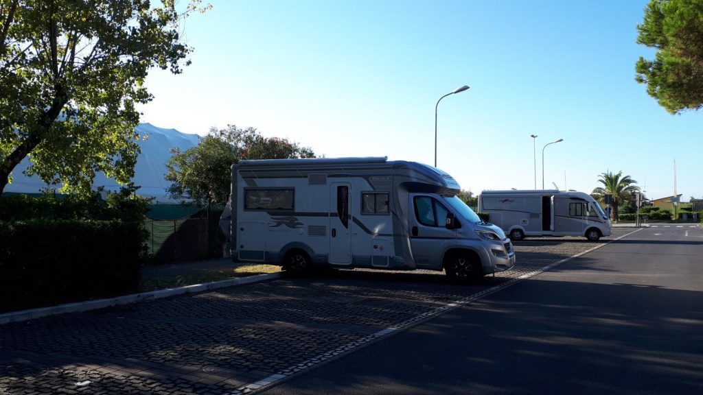 Buzz Laika parked in the motorhome bays on the Versillian coast