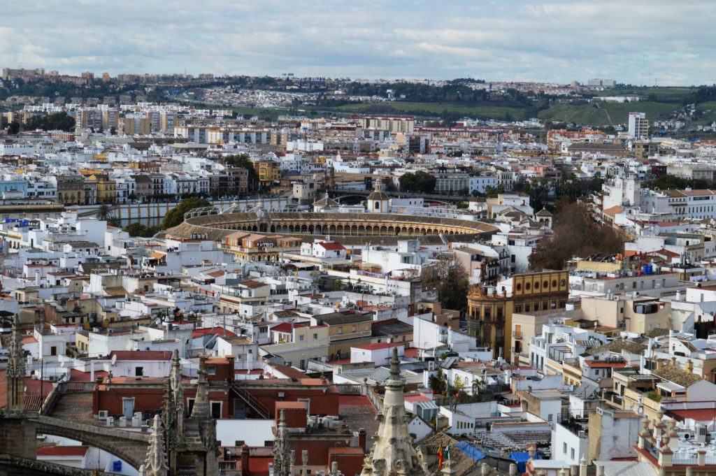 Seville view over to the bullring from Giralda tower