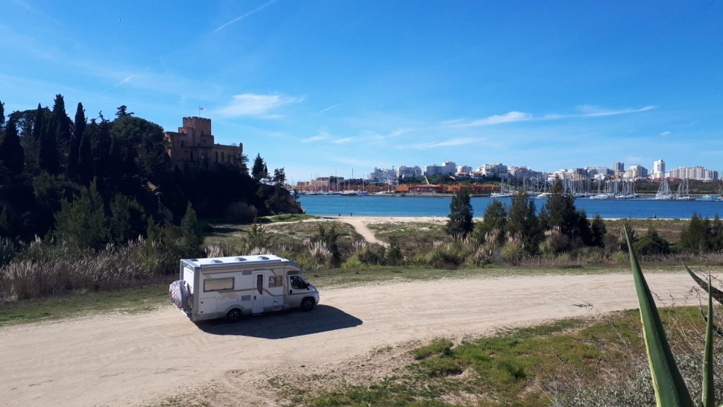 Buzz Laika Kreos Motorhome parked at Ferragudo by the river