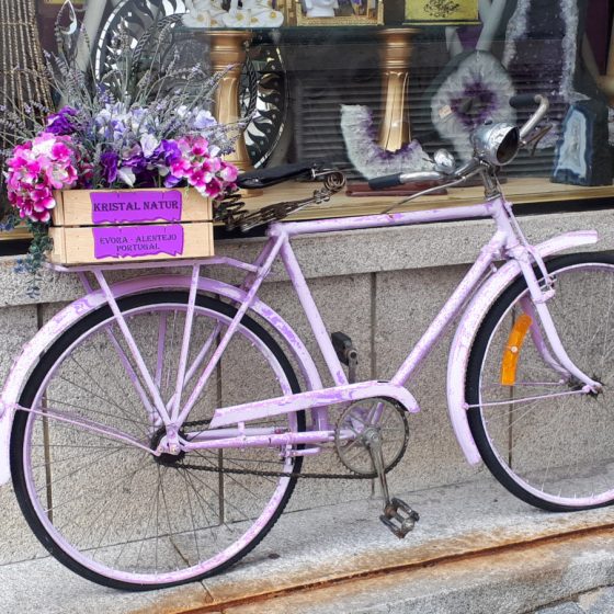 Purple bike in purple amethyst shop display