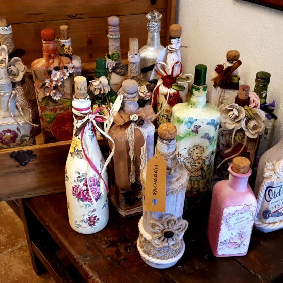 Decorated bottles for serving wine or water at the table