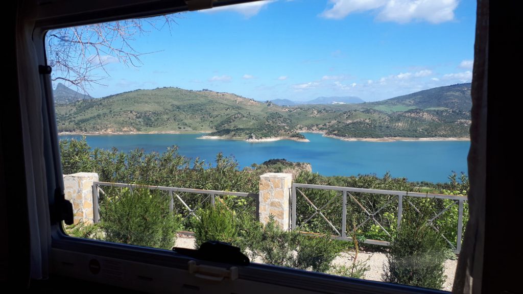 View from our motorhome window, over the reservoir