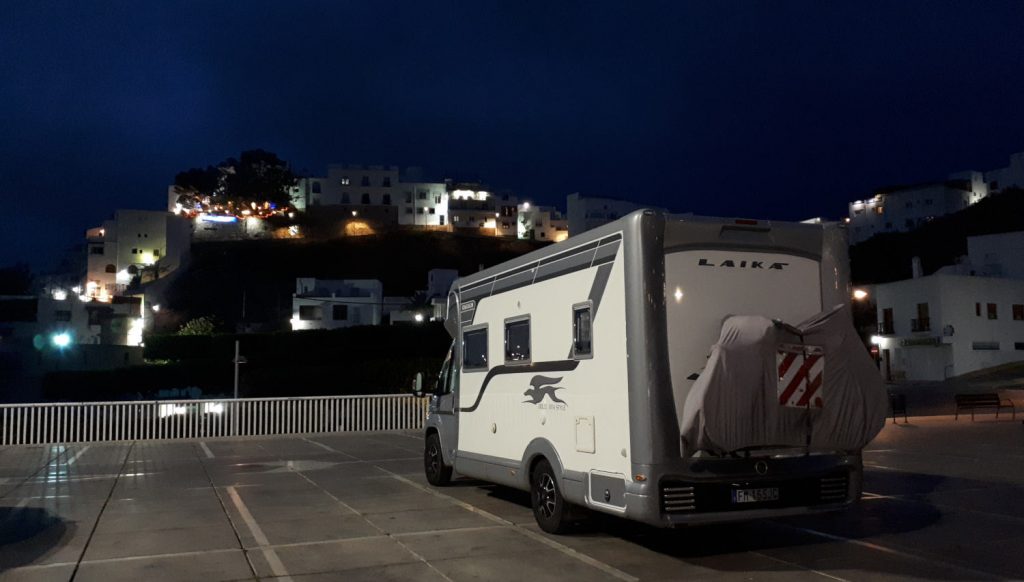 Buzz Laika parked in Mojacar Pueblo at night