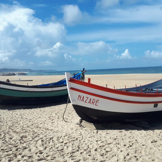 Typical Nazare fishing boats exhibited on the beach
