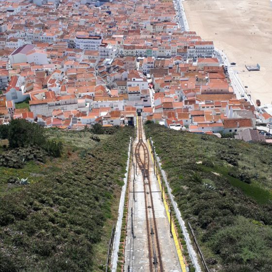 View down the funicular track from Sitio to Nazare's main beach