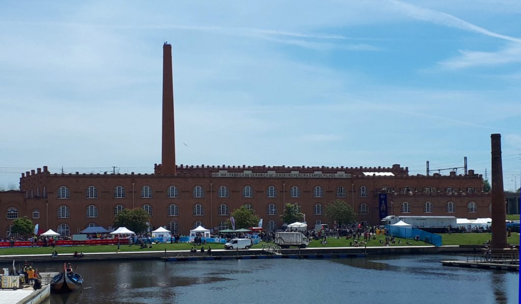 Marathon finish line in front of the historic Fabrica de Ceramica building