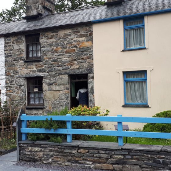 Row of authentically furnished quarrymen's cottages at the Welsh National slate museum