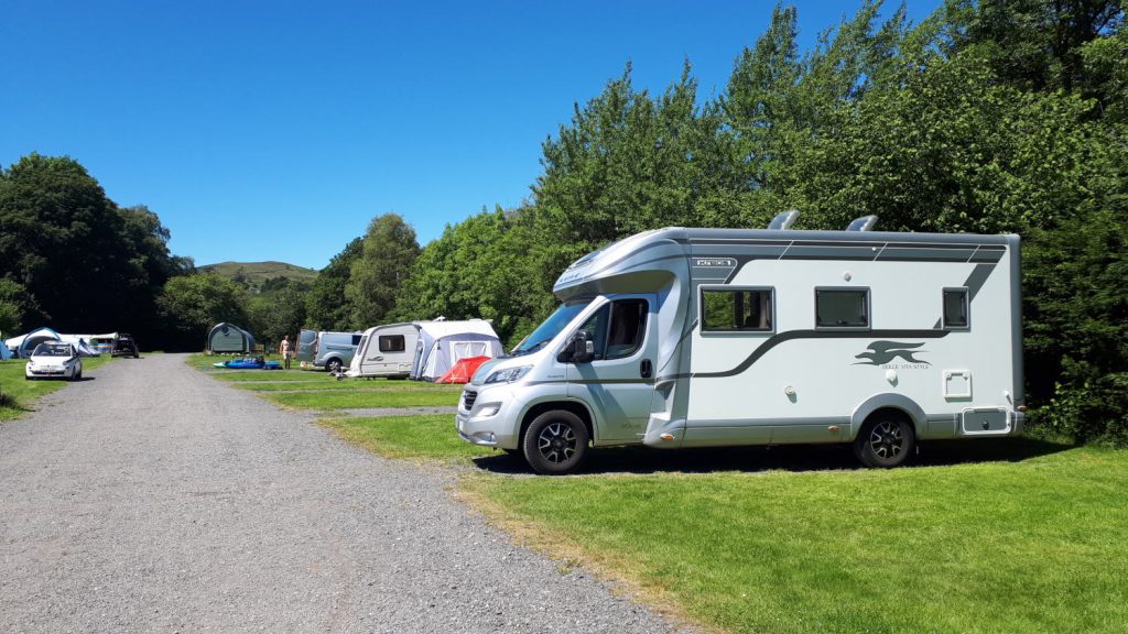 Our motorhome pitch at Tyn Cornel Campsite in Bala, Wales.