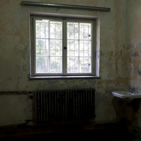 Dank, dark interior room with sink