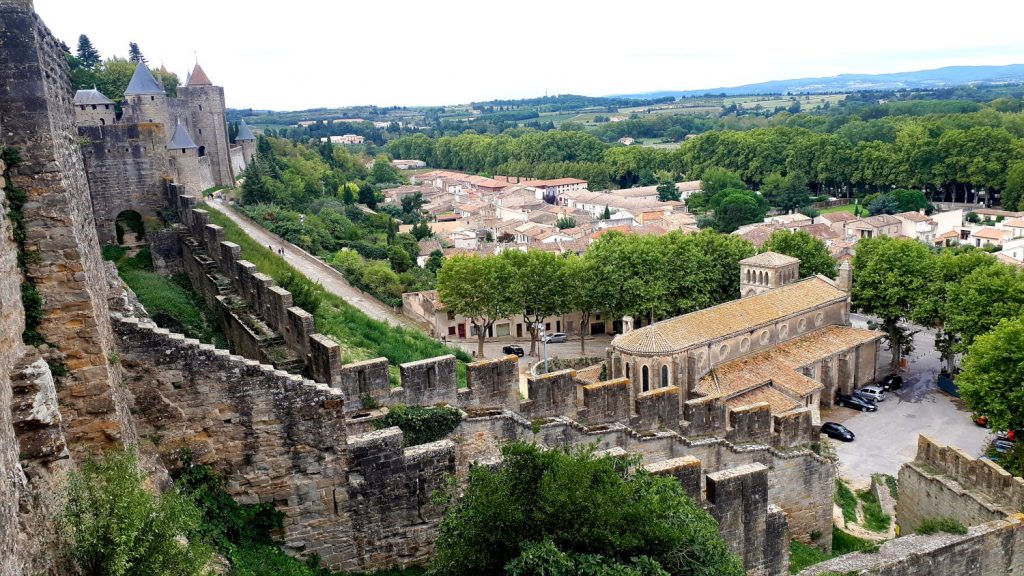 View over the walls to the town of Carcassonne below