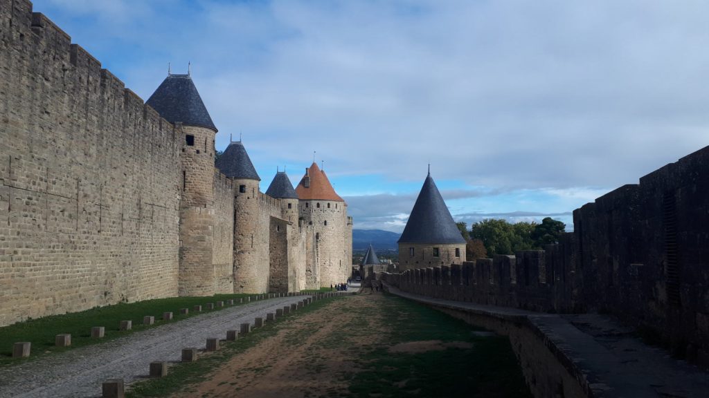 Walking between the outer walls of the Cite of Carcassonne and the inner ramparts