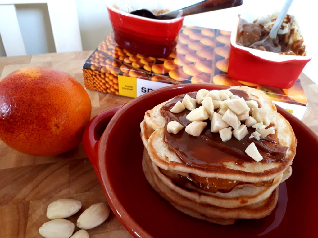 Spanish orange marmalade, almond and caramel buttermilk pancakes.