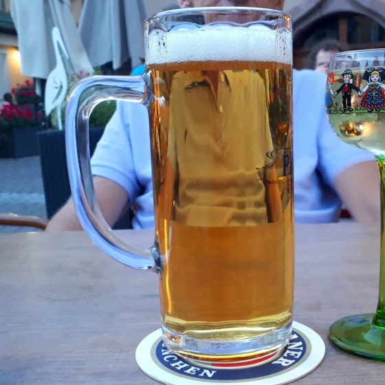 A pint for him and a tiny glass of wine in typical Alsace glass for me!