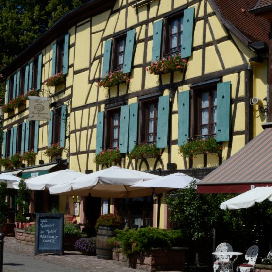 Blue and yellow half-timbered house