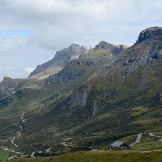 Dolomites 33 Hairpin bends down from Pas Pordoi