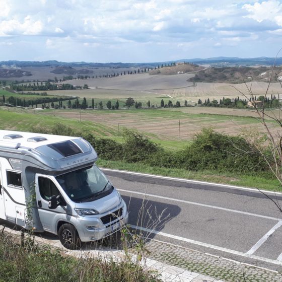 Buzz Laika motorhome in the road to Asciano