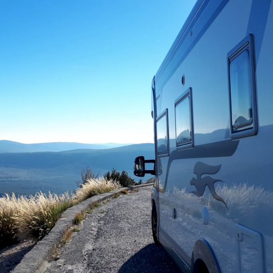 Reflections of the gorge on the side of the motorhome