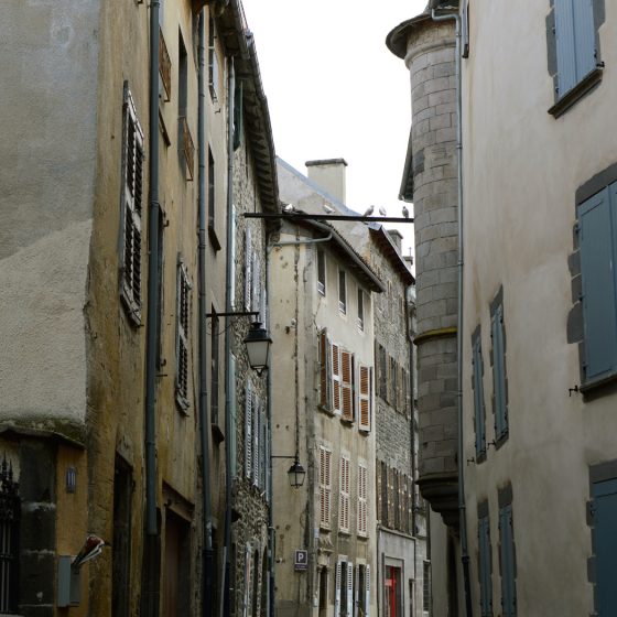 St Flour - Ancient street with bird sculptures