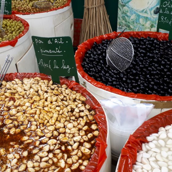 Olives, beans and chickpeas in Nimes indoor market