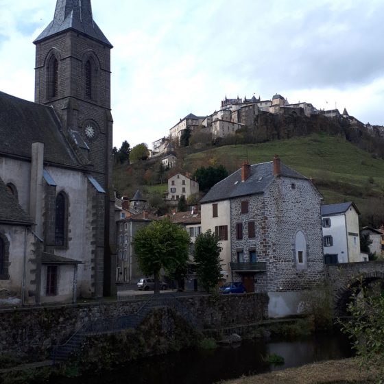 Ander river with view of medieval upper town of St Flour