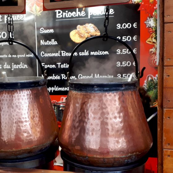 Big pots of hot soup and brioche pan perdu