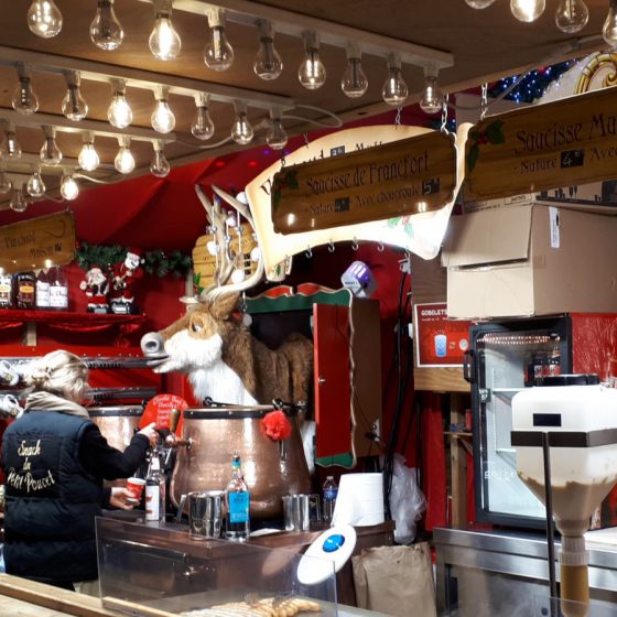 Hot food stall with a reindeer 'cuckoo' clock