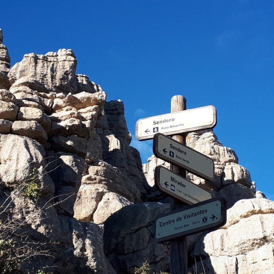 Walking path and viewpoint signs in the El Torcal park