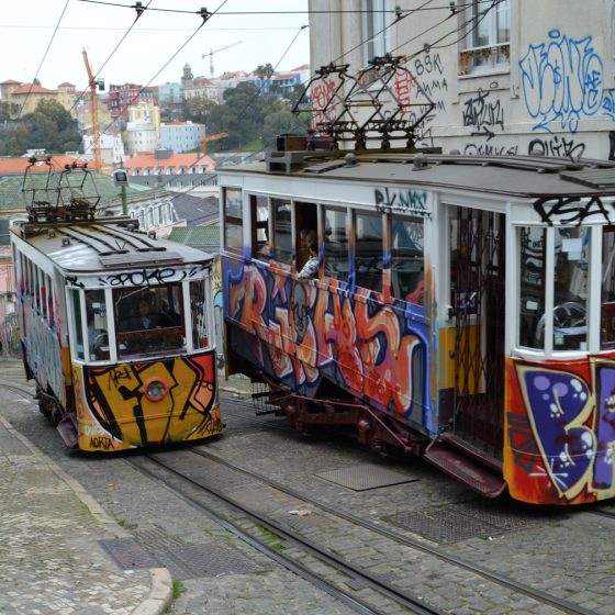 Lisbon - Funicular cars at Gloria passing