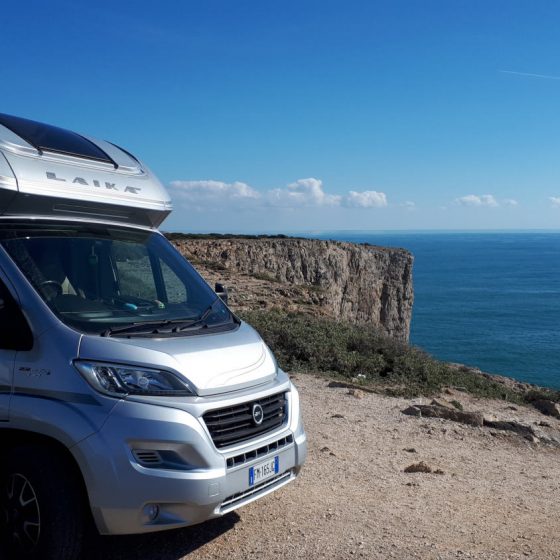 Buzz Laika with a view over the sea at Sagres