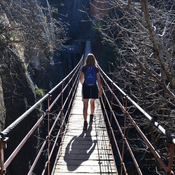 Crossing the long, swinging bridge