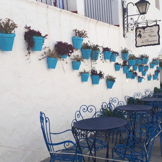 Blue tables, chairs and flowerpots