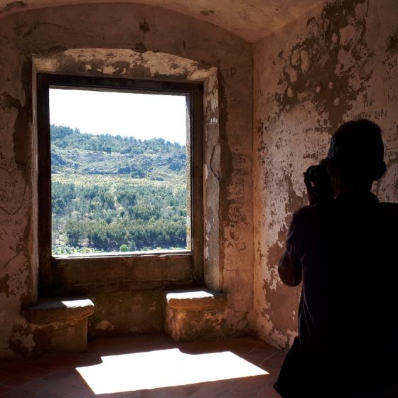 A photo from the inside of the castle looking out