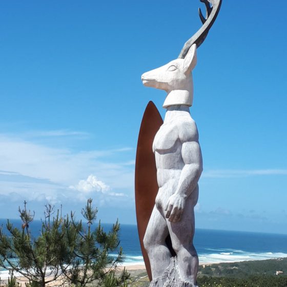 Statue of Nazare, part man, part deer with surfboard