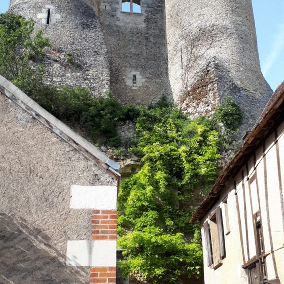 Old castle ruins towering up above Montresor's main street