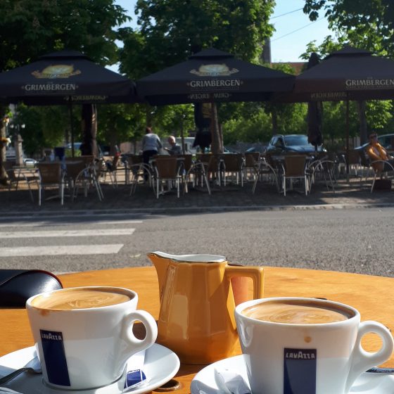 Enjoying a coffee in St Savin's town square
