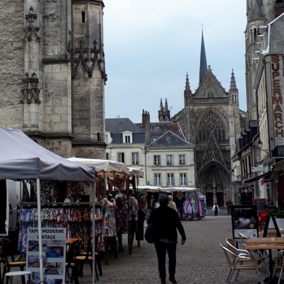 Vendome street, church and market stalls