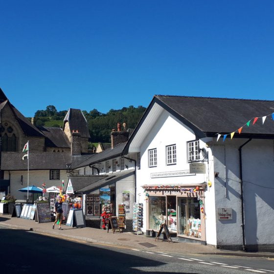 Llangollen main street, shops and church