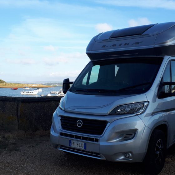 Buzz Laika the motorhome in his parking spot at Keyhaven harbour