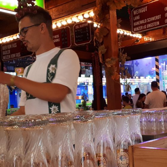 The barman all dressed up in his fake lederhosen T-shirt - nice!