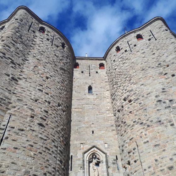 Looking up at the imposing walls of the Cite of Carcassonne