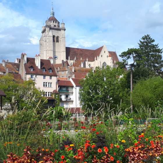 Dole, its church and abundant flowers, pretty as a picture